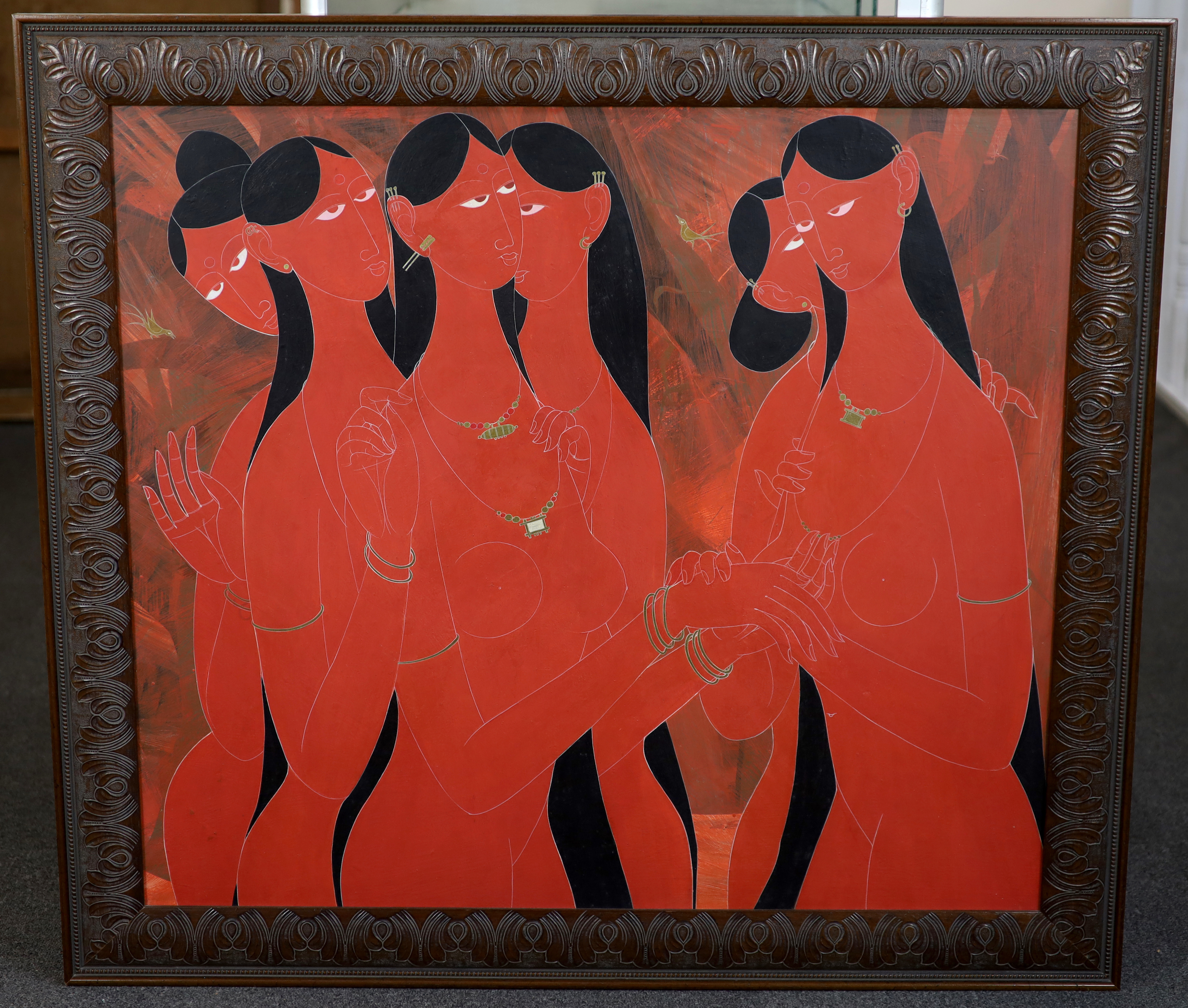 Rasik Dugashanker Raval (Indian, 1928-1980), Six standing women, acrylic on board, 80 x 90cm